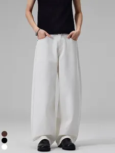 Jeans en Denim Décontractés à Jambes Larges pour Hommes Taille Haute Droits Coniques en Coton Lavé Pantalons Rétro