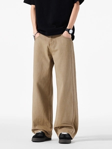 Pantaloni da uomo a gamba larga color kaki in tencel con vestibilità rilassata alla moda