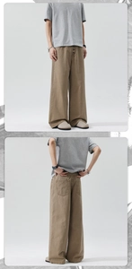 Detail view of khaki heavy canvas wide-leg cargo pants with 5-pocket design and button fly