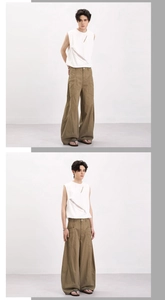 Detailansicht der khakifarbenen weiten Cargo-Hose mit Seitentaschen und gebogenem Nahtdesign