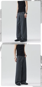 Detail view of charcoal grey wide-leg workwear pants with distinctive button fly design