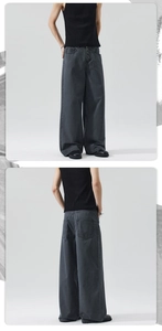 Close-up of deep grey wide-leg denim jeans featuring multi-button fly and pocket details
