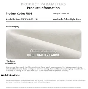 Détails de la texture du tissu et guide des tailles pour pantalon cargo gris clair