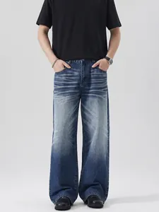 Jeans Jambe Large Bleu Délavé Rétro Homme Coupe Ample Pantalon en Denim de Coton Droit Avec Détail Moustaches Streetwear Décontracté