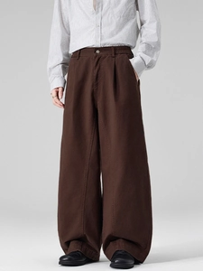 Men's dark brown cotton wide-leg trousers with high-waisted pleated design and loose fit