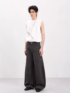 Mens white sleeveless mesh top and dark grey oversized cargo pants full outfit