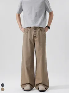 Men American Streetwear Stone Washed Button Fly Cargo Pants Wide Leg Cotton Straight Casual A-Line Trousers For Men