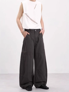 Men's charcoal grey wide-leg cargo pants with multi-pockets and drawstring details