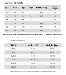 Detailed size chart for retro wide leg trousers from size XS to 2XL with measurements