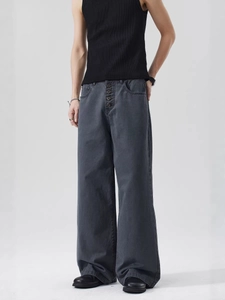 Men's dark gray wide-leg work trousers with button fly and premium denim texture