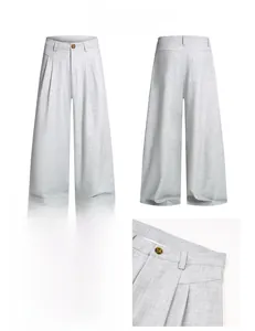 Detail display of light gray wide-leg trousers with bamboo texture and pleated waist