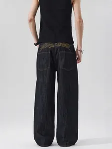 Men Vintage Loose Straight Denim Jeans Embroidered Washed Blue Gray Baggy Streetwear Pants For Teenagers Casual Everyday