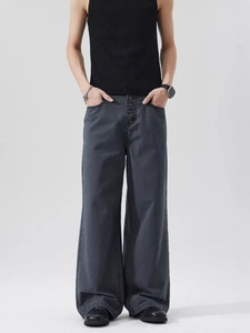 Men's retro dark charcoal grey wide-leg cargo pants with button fly in a cleanfit style