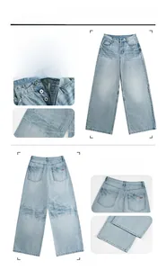 Dettagli dei jeans celesti a gamba dritta con lavaggio a pietra e texture effetto baffatura