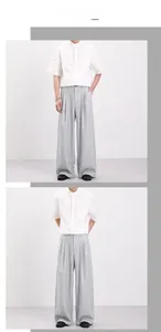 Vertical collage showing a white mandarin collar shirt and grey pleated trousers on model