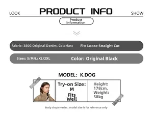 Product info chart for black wide leg jeans detailing 380G raw denim fabric and sizing