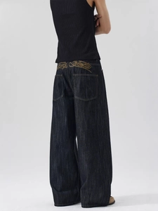 Vintage wide-leg raw denim jeans in black with gold Lucky Grande embroidery on back