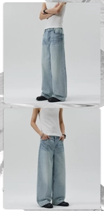 Vista laterale verticale di jeans a gamba dritta azzurri con dettagli lavati