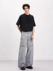 Men's vintage grey wide-leg cargo pants and black t-shirt with deconstructed details