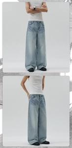 Dettaglio del lavaggio vintage blu chiaro e dell'effetto baffi sui jeans a gamba larga