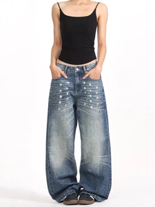 Jean large rétro américain pour femmes avec rivets métalliques carrés argentés