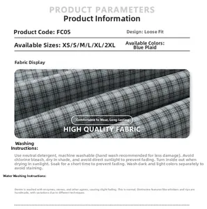 Detail view of FC05 blue plaid casual trousers with size chart and fabric texture specs