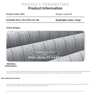 Détails de texture du tissu et guide des tailles pour pantalon rayé gris ample FC01