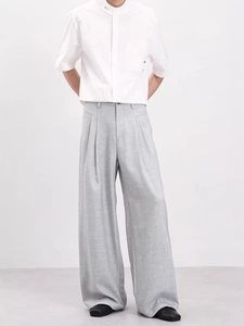 Light gray pleated wide-leg casual pants for men with a relaxed draped fit and clean silhouette