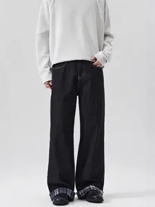 Men American High Street Black Raw Denim Wide Leg Jeans Contrast White Stitching Plaid Cuffs Straight Fit Casual Denim Pants