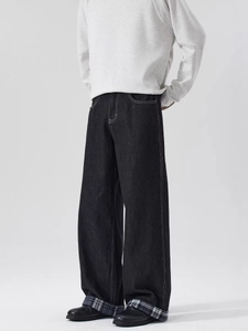 Men's high street black wide leg jeans with white contrast stitching and plaid cuffs