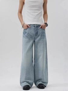Jeans Vintage Uomo Lavaggio Blu Chiaro Gamba Larga Cotone Denim Moustaches Pantaloni Ampi Dritti Casual Streetwear