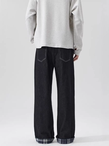 American style wide-leg jeans with contrast stitching and plaid flannel cuffs