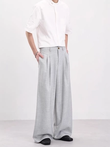 Light grey wide leg trousers for men with textured fabric and relaxed high waist fit