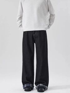 High street black wide leg denim jeans with plaid cuff detailing in a loose fit