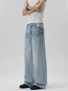 Jeans a gamba larga lavaggio blu retrò da uomo con dettagli baffi e vestibilità ampia