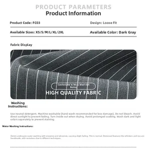 Size chart and washing instructions for dark grey striped casual trousers for men