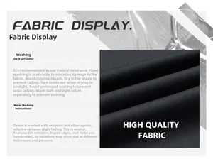 Detailed view of high quality dark blue denim fabric texture and washing care instructions