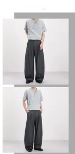 Macro detail of men's vintage striped wide leg trousers with premium vertical texture