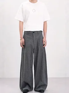 Men American Vintage Plaid Wide Leg Pants Retro Grey Grid Straight Casual Trousers Loose Fit High Waist Draped Pants For Men