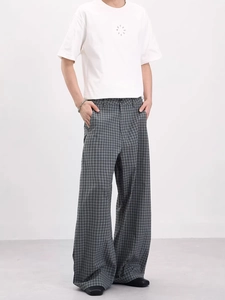 Men's relaxed grey plaid wide-leg trousers paired with white graphic t-shirt outfit