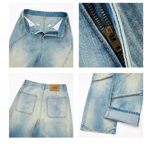 Detailed views of vintage faded jeans featuring YKK zippers and irregular patchwork design