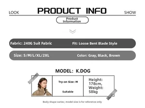 Detailed size chart for pleated straight-leg trousers with 240g fabric weight specifications