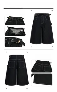 Detail of cargo denim shorts featuring contrast white stitching and adjustable waist straps
