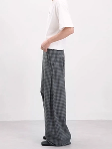 Men's high-waisted gray plaid wide-leg trousers in a minimalist casual straight-leg style