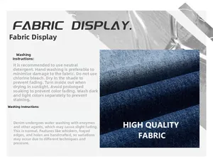 Detailed fabric display of dark blue distressed denim with washing instructions and texture