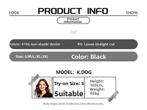 Detailed size chart for black loose fit carpenter denim shorts with fabric weight info