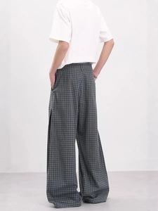 Retro grey plaid wide leg trousers for men with a relaxed fit and side slit hem detail