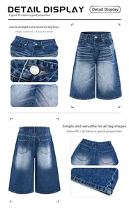 Detailed close-up of dark blue washed denim shorts with cat-whisker fading and metal button