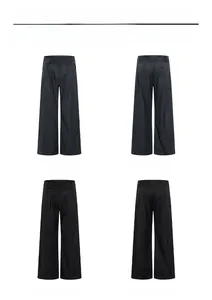 Detailed front and back views of gray and black wide-leg pleated formal trousers
