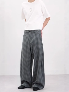 Men's high-waist plaid wide-leg trousers in dark grey and black textured fabric